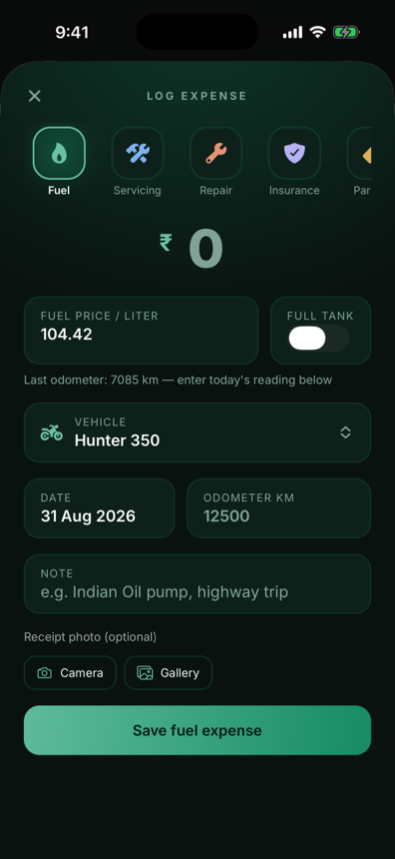 TrueKM log expense screen with fuel preselected, pump price prefilled, and a full tank toggle